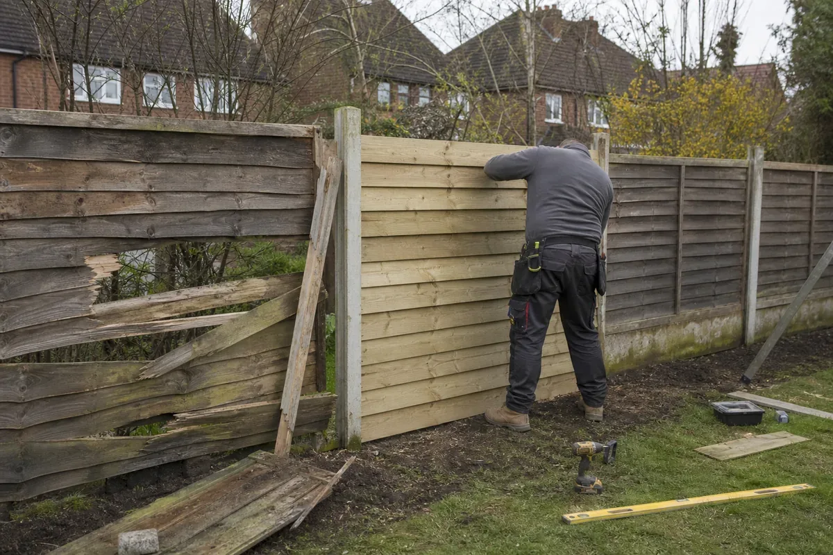 Damaged garden fence being repaired in Nottingham